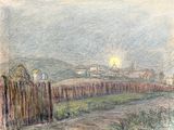drawing of a landscape with a fence and houses in the distance