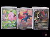 four different pokemon cards are shown in a row on a black background