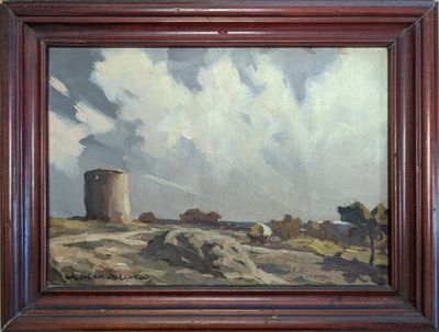 une peinture à l'huile représentant un paysage avec une tour au loin