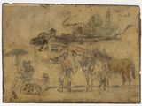 dessin représentant un groupe de personnes et de chevaux devant un bâtiment