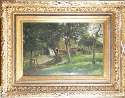 une peinture à l'huile représentant une scène de campagne avec une clôture et des arbres