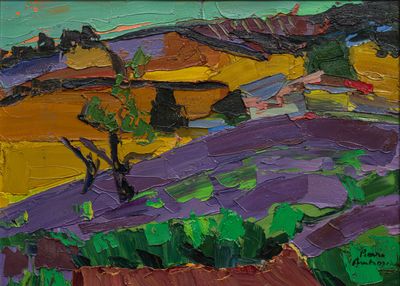 an oil painting of a landscape with a tree in the foreground
