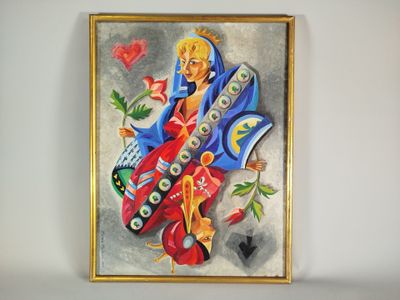 tableau représentant une femme tenant une rose dans la main droite et un cœur dans la main gauche