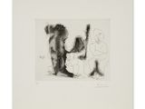 a black and white drawing of two people in a room