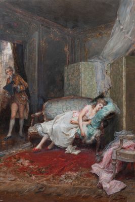 un tableau représentant une femme allongée sur un lit dans une chambre