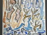 drawing of a group of people walking in the rain with umbrellas