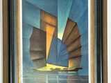 tableau représentant un voilier sur une mer bleue, avec une voile jaune