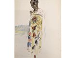 une aquarelle représentant une femme vêtue d'une robe colorée