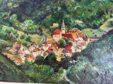 painting of a painting of a village on a hill with a river in the foreground
