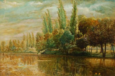 tableau représentant une scène fluviale avec des arbres et un bateau sur l'eau