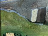 an image of a painting of a house on a hill with a sign on it