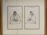 two framed drawings of women sitting on the ground in front of a wall