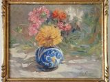 a painting of flowers in a blue vase on a table