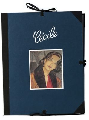 un livre bleu avec la photo d'une femme en manteau de fourrure