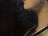 an old painting of a woman wearing a white hat and a silver dress