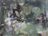 une peinture à l'huile représentant un paysage avec une rivière et un pont
