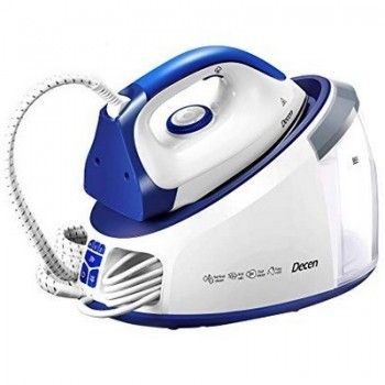 a close up of a white and blue steam iron on a white background