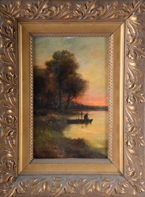 painting of a man in a boat on a lake with a sunset in the background