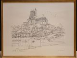 drawing of a drawing of a city with a boat in front of it