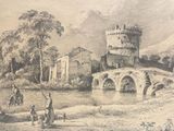 drawing of a castle with a bridge over a river with people sitting on it