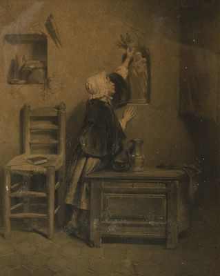 tableau représentant une femme assise à une table devant un miroir