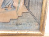 a picture of a painting of a woman walking down the street