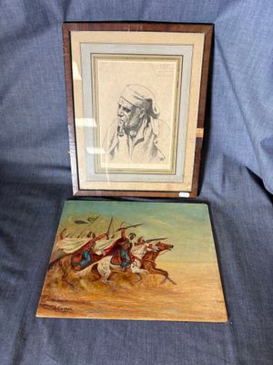painting of a native man on horseback and a painting of a man on a horse
