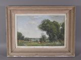 une peinture à l'huile représentant un paysage avec des arbres et des vaches dans un champ