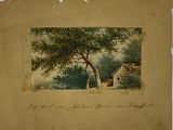 une photo d'un tableau représentant une maison et un arbre