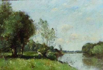 un tableau représentant un homme en train de pêcher au bord d'une rivière