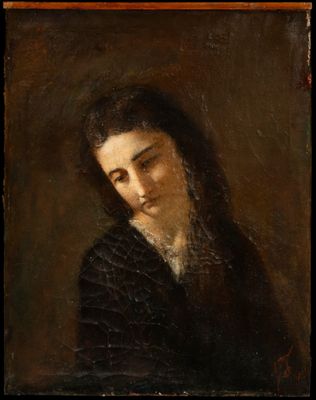 a painting of a woman with long hair in a black dress