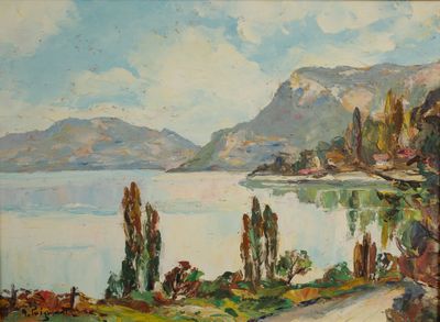 tableau représentant une vue sur un lac et des montagnes, avec une route au premier plan