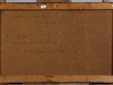 an old wooden easel with a painting on it sitting on top of a table