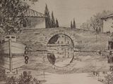 drawing of a boat on a river with a bridge in the background
