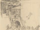 drawing of a drawing of a crowd of people in a building