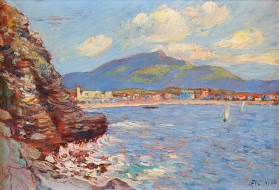painting of a view of a beach with a sailboat in the water