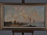 a painting on a easel with a sailboat in the water