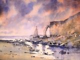 une aquarelle représentant un voilier sur la plage