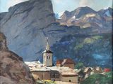 un tableau représentant une église dans les montagnes, avec une montagne en arrière-plan