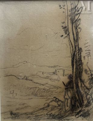 dessin représentant un arbre dans un champ, avec une montagne en arrière-plan