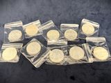 six gold coins in plastic bags sitting on a black surface