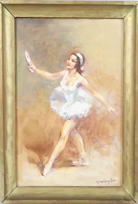an oil painting of a woman in a white dress holding a tennis racquet