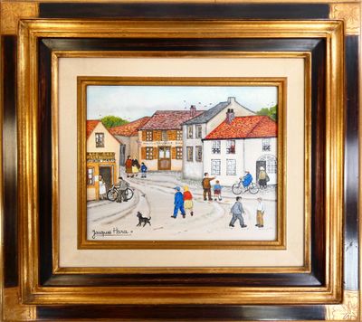 tableau représentant une scène de rue avec des passants et un chien en laisse