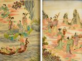deux images représentant un tableau où l'on voit une femme dans un bateau et une femme dans un bateau sur une rivière