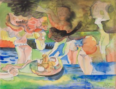 a watercolor painting of a group of people having a picnic