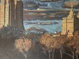 a painting of a painting of a city with trees in the foreground