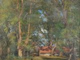 un tableau représentant deux personnes assises dans l'herbe sous des arbres