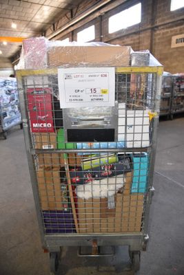 a metal cart with many items in it in a warehouse