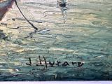 une peinture d'un bateau dans l'eau avec un nom écrit dessus