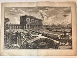 un vieux dessin représentant un grand bâtiment avec une fontaine au milieu